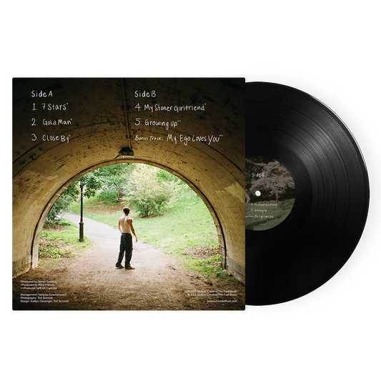 Vinyl record with cover showing a person walking under a bridge in a park