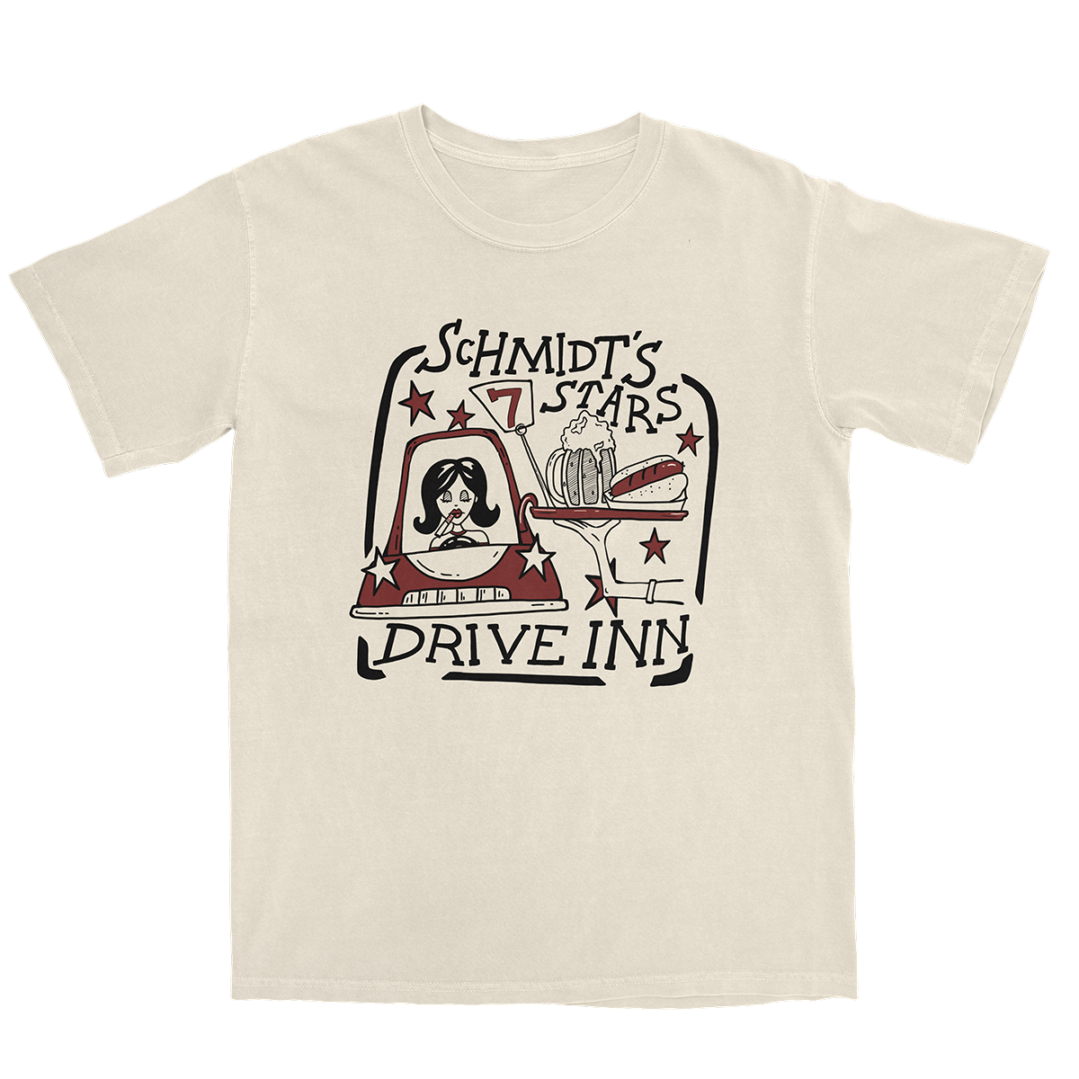 Beige t-shirt with 'Schmidt's Stars Drive Inn' graphic design on a beige background